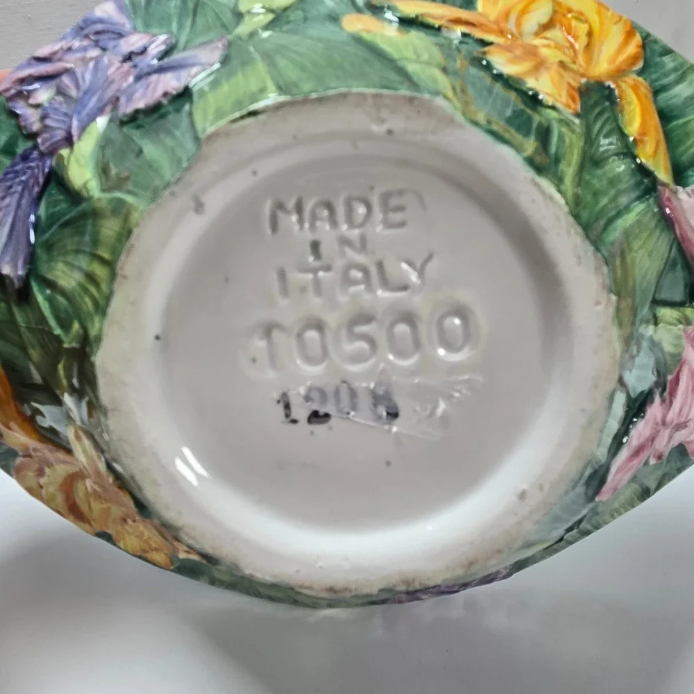 Majolica Iris Basket Made in Italy Ceramic Basket Floral Iris Branch Vintage VTG